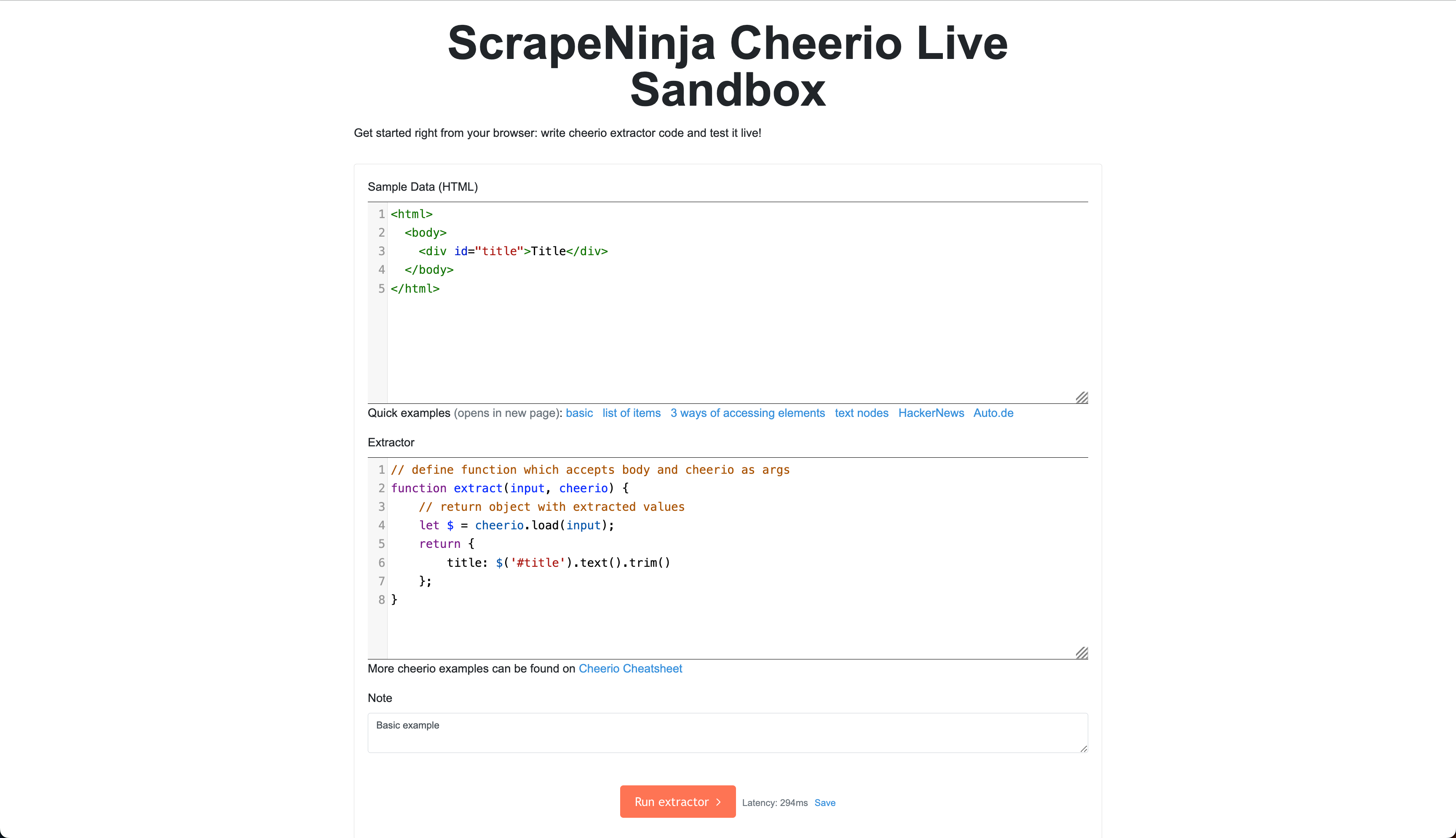 ScrapeNinja Cheerio sandbox