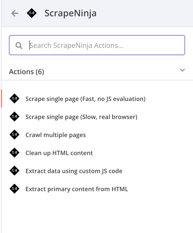 List of ScrapeNinja n8n operations