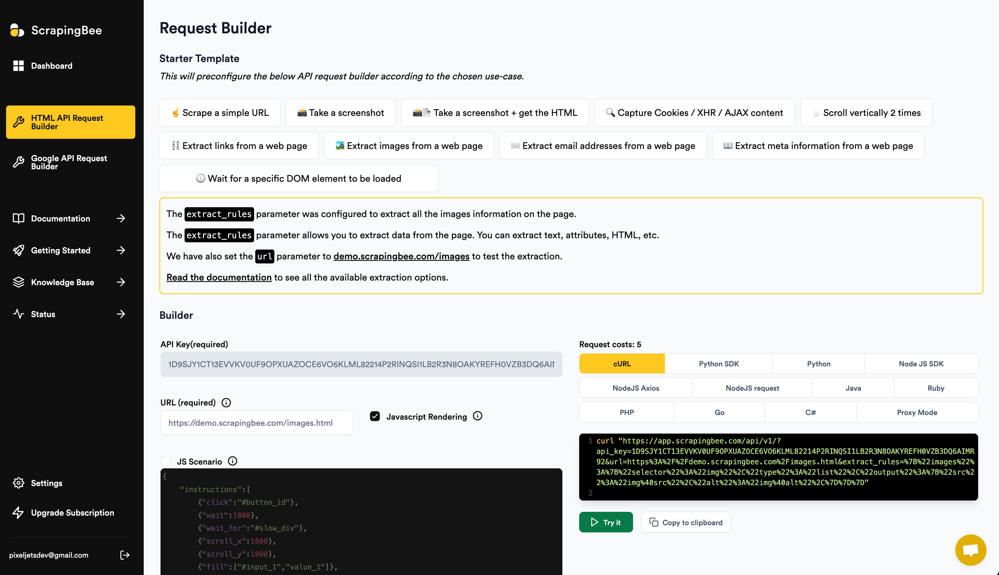 ScrapingBee API Request builder